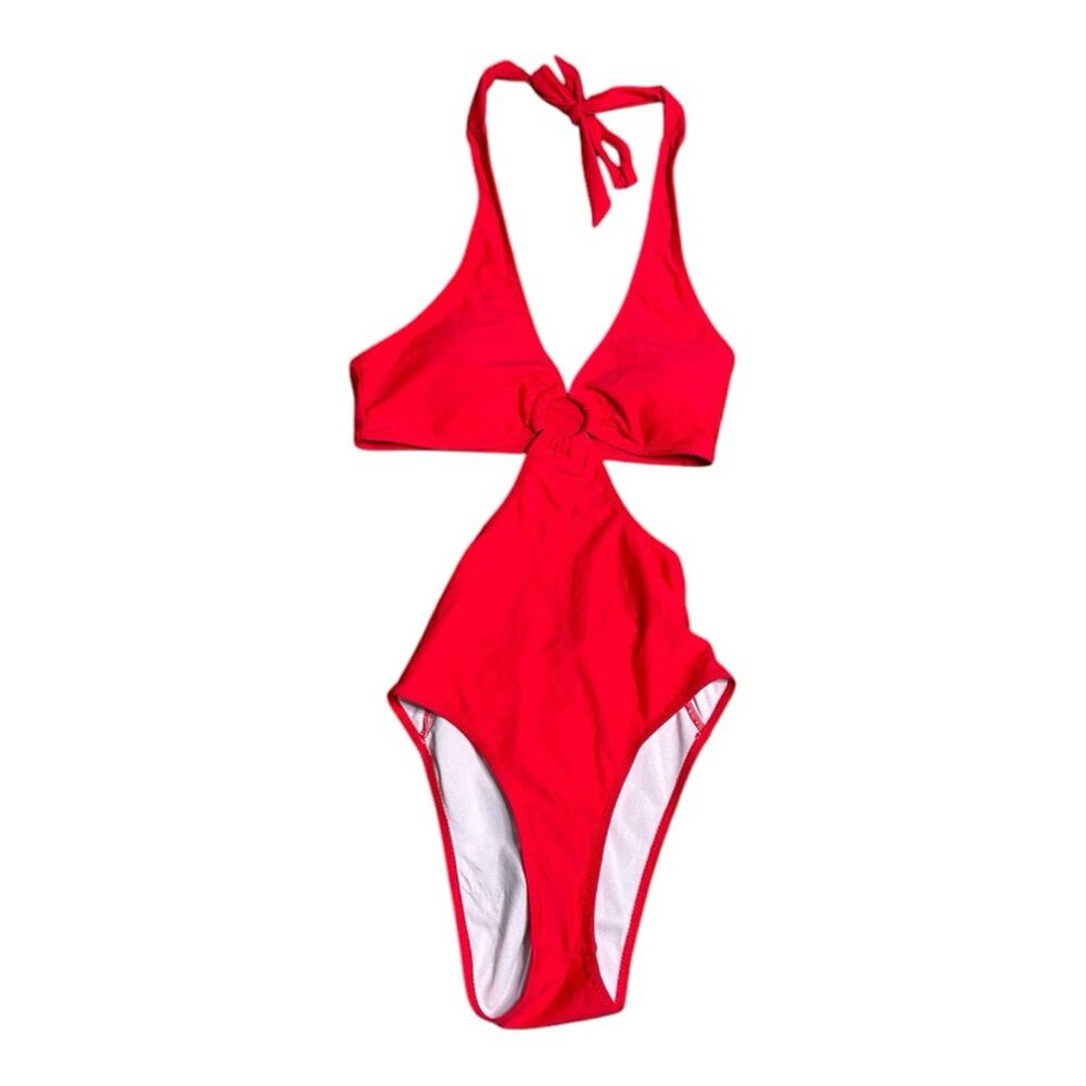 A’image Red One Piece Halter Swim Suit Cutout Sides Front Keyhole Small